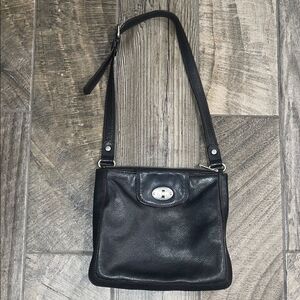 Vintage Fossil Black leather Crossbody Bag with Sleek Design 11”x 10x 20”